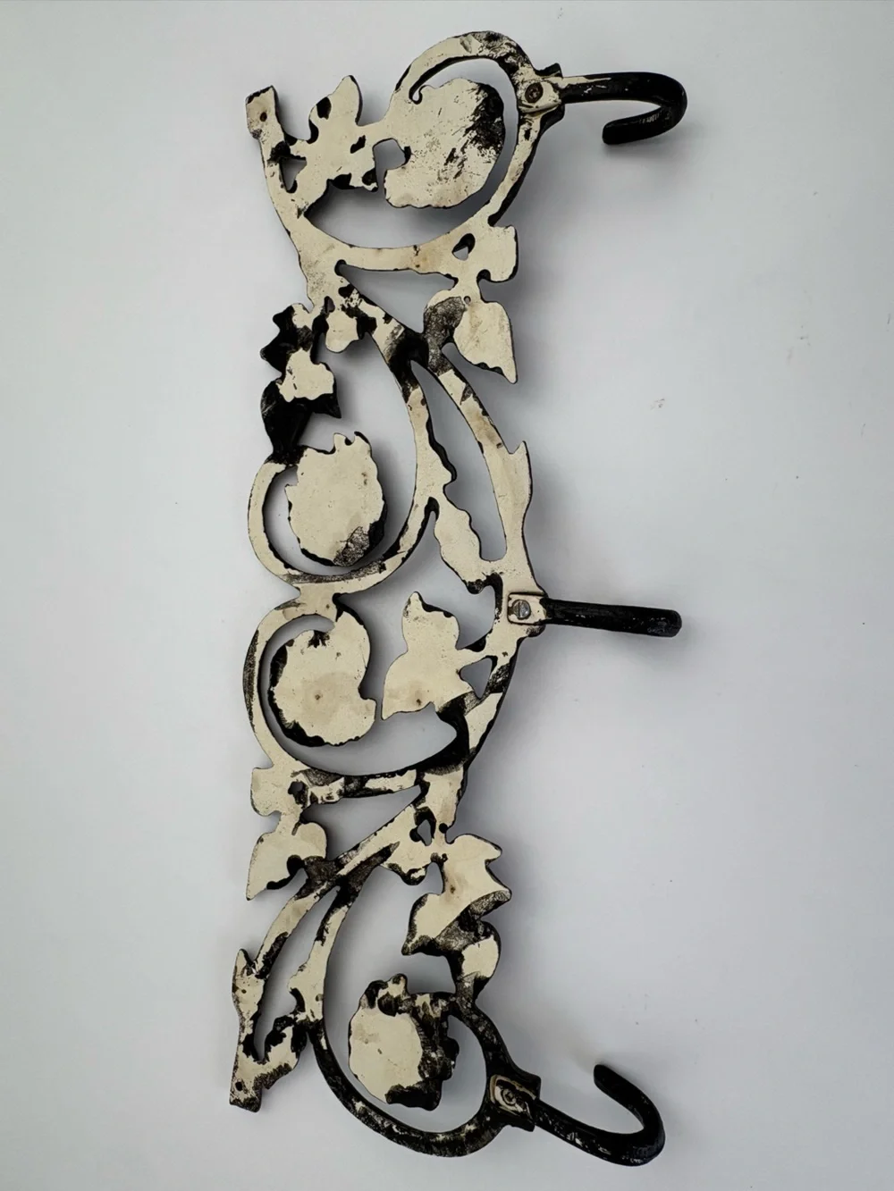 Gorgeous Vintage Black Floral Cast Iron Wall Hook - Decorative with 3 Hooks